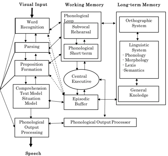 Figure 3.8.  Miyasako's oral reading modelWord RecognitionParsingPropositionFormationComprehensionText Model Situation ModelPhonological Output ProcessingSubvocal RehearsalPhonological Short-termPhonologicalLoopCentral ExecutiveEpisodicBuffer