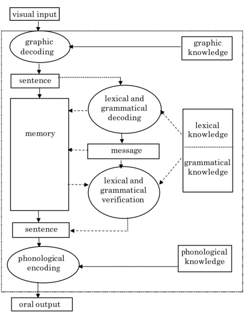 Figure 3.10.  Read and look up processgraphicdecodingsentencememorylexical and grammatical decodingsentencemessage lexical and grammatical verificationoral outputphonological  encoding graphic  knowledgelexical knowledge grammatical knowledgephonological k