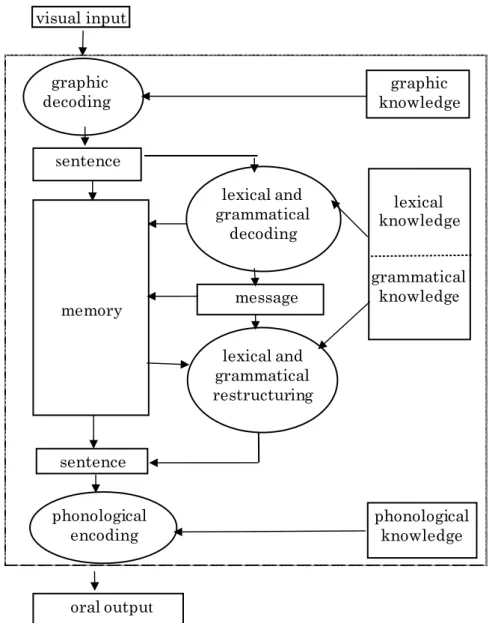 Figure 3.11.  Personalized oral reading processgraphic    decodingsentencememorylexical and grammatical decodingsentencephonological  encodingoral outputmessage lexical and grammaticalrestructuring graphic  knowledgelexical knowledge grammatical knowledge 