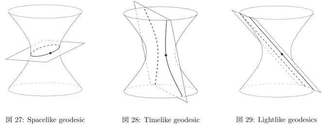 図 27: Spacelike geodesic 図 28: Timelike geodesic 図 29: Lightlike geodesics