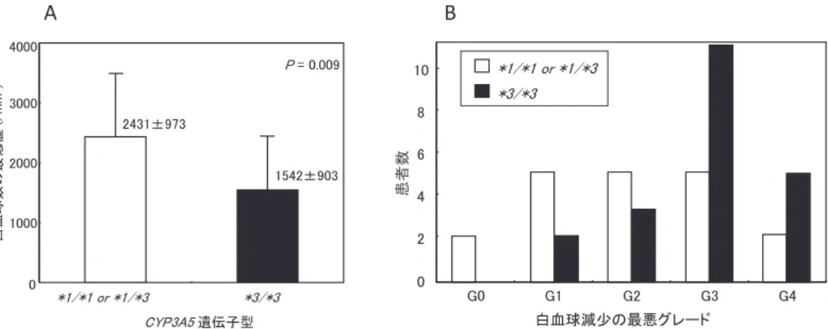 図 6. A : CYP3A5 の遺伝子多型と治療期間中の白血球最低値．B : CYP3A5 の遺伝子多型別の白血球数の最