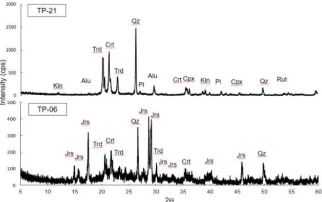 Figure 3.3. X-ray diffractograms of ash samples TP-06 (Unit 8) and TP-21 (Unit 3). Abbreviation; 