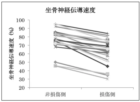 図 2.  ハムストリングス肉離れ損傷既往者の非損傷側と損傷側の坐骨神経伝導速度  ハムストリングス肉離れ損傷既往者の坐骨神経伝導速度は、全症例において非損傷側よりも損傷側で、有 意に低下していた(p< 0.05)。  20 30 40 50 60 70 80 90 100  非損傷側	  損傷側	 坐骨神経伝導速度	 (%)	 坐骨神経伝導速度 