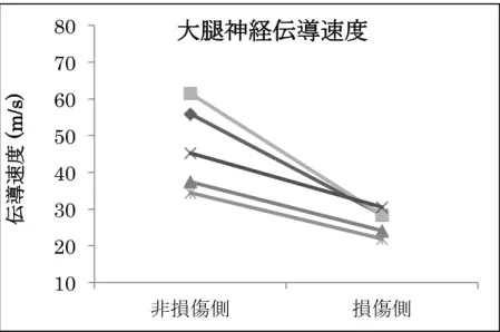 図 3.  大腿四頭筋肉離れ損傷既往者の非損傷側と損傷側の大腿神経伝導速度  大腿四頭筋肉離れ損傷既往者の大腿神経伝導速度は、全症例において非損傷側よりも損傷側で、有意 に低下していた(p< 0.05)。  10 20 30 40 50 60 70 80  非損傷側	  損傷側	 伝導速度 (m/s)	 大腿神経伝導速度	 