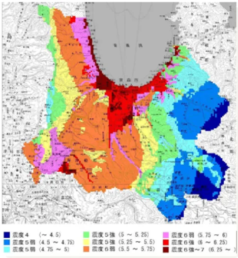 図 4  H24 青森県青森湾西岸断層帯（入内断層）想定地震の推計震度分布図  出典：青森市地域防災計画（平成 24 年 4 月、青森市） 