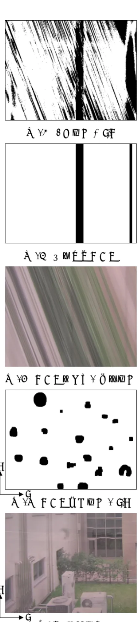 図 10  取得画像 I(u,v,t) 図 11  断面画像 S(u,t)  図 12   断面画像 図 13  中央値画像 M(u,t)  図 14  差分画像 D(u,t) 図 15  2 値画像 H(u,t) 図 16  視野妨害ノイズ 図17   ノイズ除去後の断面画像図18  ノイズ検出画像R(u,v) 図19  除去画像 u t u v uvuv