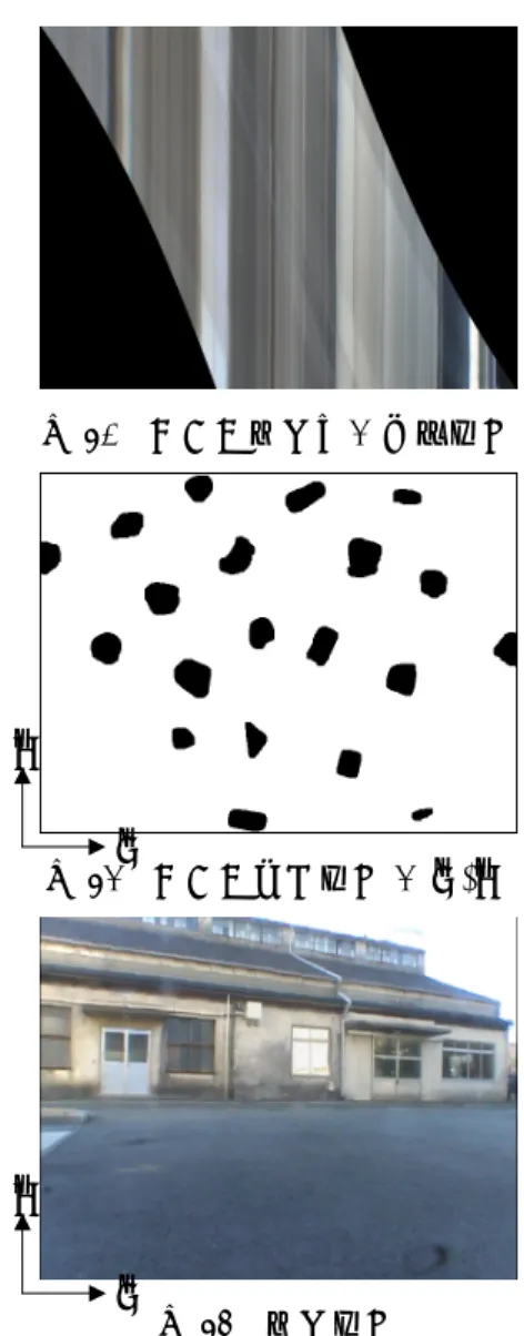 図 25  断面画像  図 26  中央値画像 M(u,t)  図 27   差分画像 D(u,t)  図 28  2 値画像 H(u,t)  図 29  視野妨害ノイズ  図 30  ノイズ除去後の断面画像 図31  ノイズ検出画像R(u~,v~ ) 図32  除去画像 次に，レンズ保護ガラス面上に水滴が付着した場合について，視野妨害ノイズの除去を行った結果を図33に示す．図33(a)が取得画像，図 33(b)が除去画像である．また，ノイズ検出画像R(u,v)を図34に示す．なお，視野妨害ノイズ除去に必要