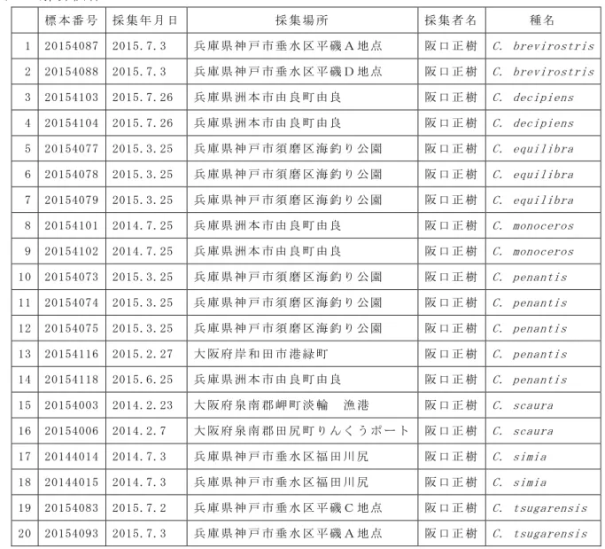 表 2  解 析 個 体    標 本 番 号   採 集 年 月 日   採 集 場 所   採 集 者 名   種 名   1  20154087  2015.7.3  兵 庫 県 神 戸 市 垂 水 区 平 磯 Ａ 地 点   阪 口 正 樹   C