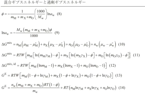 表 4  陽イ オ ン M と 陰イ オ ン Y と 電気的 に中性 な化学種 0 が溶解 し てい る水溶液 の浸透係数の定義式 ,  理想溶液の浸透係数 と 混合 ギ ブスエ ネ ルギー,  実在溶液の 混合 ギ ブ ス エ ネ ル ギ ー と 過剰 ギ ブ ス エ ネ ル ギ ー φ = -  maw= -  △G miX = nM ( ｵM 一 ｵ ) 十 nx ( ｵx 一 ｵ ) 十nO ( ｵ0 一 ｵ j 、) ) 十nw ( ｵw 一 ｵ ) (10) 