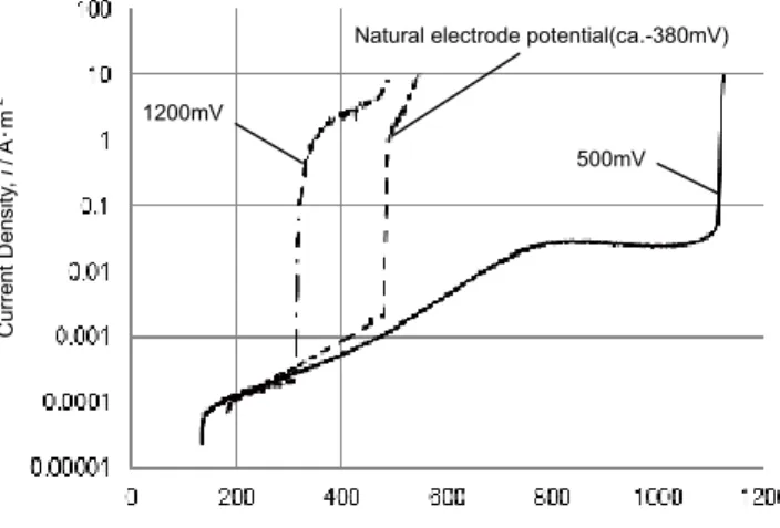 Fig. 2　 Anodic polarization curves of electro-polished and then passiv- passiv-ation-treated Type 304 stainless steels in deaerated 3.5%NaCl