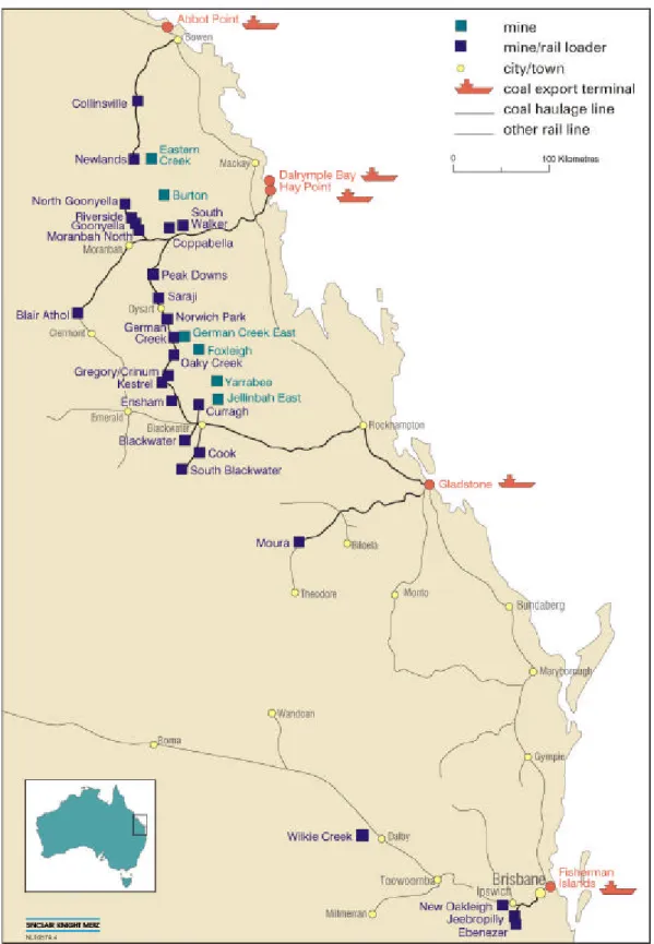図 1.5  QLD 州の輸出用石炭の生産炭鉱および石炭輸出港（2001 年） 