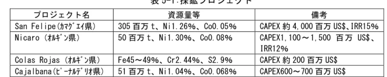 表 5-1:探鉱プロジェクト 