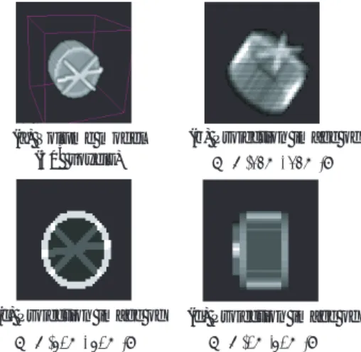 図 11: ボリュームモデルと入力 3 視点投影画像 (a) (b) (c) (d) (e) (f) 図 12: ボリュームデータの再構成過程 モデルを，図 11(b) ， (c) ， (d) に入力投影画像を示 す．図 11(a) に示すボリュームモデルは， 1) 複数 の部室層 ( 部分 ) から構成されており，各物質層 は異なる X 線吸収係数を持ち， 2) 内部に空洞の部 分が存在し， 3) 外形形状と内部構造が異なってい る． 図 12 に，図 11(b) ， (c) ， (d) に示した入力投影
