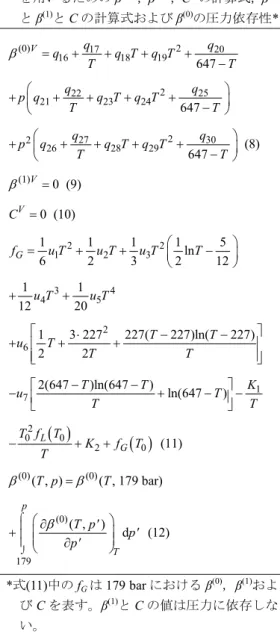 表 4 Pabalan and Pitzer (1988) が与えた Pitzer 式を用 いるための β (0)L と β (1)L と C L の計算式および β (0)L の圧力依存性 *  ( ) ( ) 2 3123452262722021 0 2 2 (0) (0) (0)1 1 1 (ln 1 3) 1 1323451227454(227) 227 ln( 227)2(647) 1294ln(647)647647++  (13)( ,  )( , 179 bar) ( , )LLLLLfu T