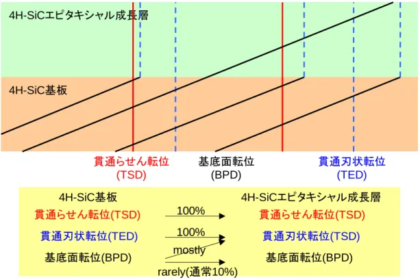 図 2. 21 4H-SiC の結晶成長において線欠陥が伝播する様子を示す模式図(赤:貫通らせん転位 /TSD、青:貫通刃状転位/TED、黒:基底面転位/BPD):  4H-SiC 基板とエピタキシャル成長層界 面で BPD が TED に変換する。 