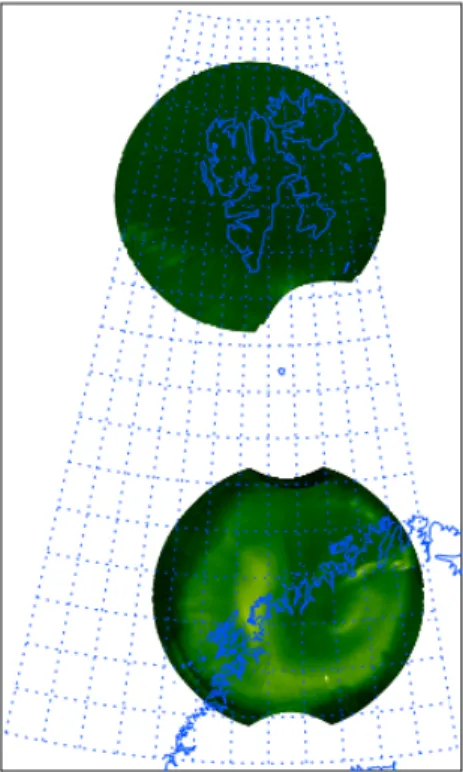 図 6	 トロムソ画像とロングイアビン画像を地図上に投影した画像例 （2012 年 01 月 22 日 2107:00	 UT 取得データを利用 .	 オー ロラの発生高度を 120	km と仮定して地図上に投影 .） 3.2.　高度画像処理 これらの画像データベース構築及びその公開作業と平行して進めている , 高度な画像処理の現状と今後想定している 展開を以下に記載する 