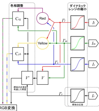 図 1 既存手法が対応する輝度領域 このため，例えば，動画での表示を想定した場合，暗所視 から明所視へのスムーズな移行が行えず，不自然な印象を 与える可能性がある．さらに，経験に基づいたパラメータ が多く存在し，パラメータの調節によってスムーズな変化 を実現することも難しい． 提案手法は，全視覚状態にわたる特性である波長弁別閾 をモデルに取り入れることで，上記の問題を解決すること を試みる． 2