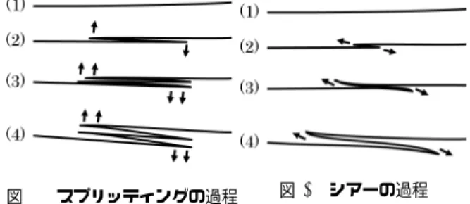 図 2 スプリッティングの過程 図 3 シアーの過程 シアーによって生じたひだが回転することによって，単 純な S 字型構造が発達する過程を図 4 に示す． 図 4 ひだの回転運動 次に， S-fractal manifold オーロラの基本的な運動によっ て起こる，ディスコネクション，リコネクションといった 運動について説明する．１つのシート状構造から生まれた 折りたたみ構造のうち高緯度・西側に突き出した部分が， 磁場の向きに見て右回りにめくれ上がる変形し，めくれ上 がった部分の先端と，右隣からめくれ上が