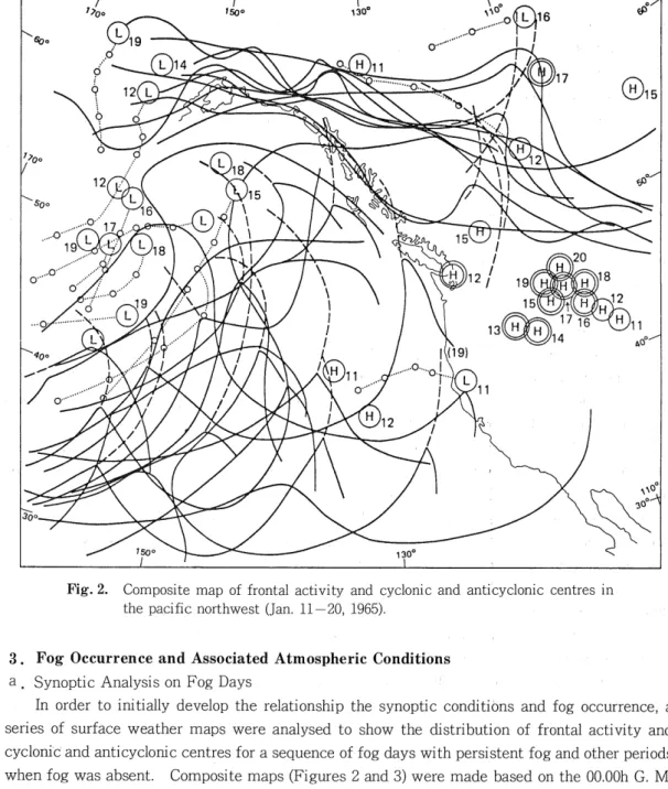Fig. 2. Composite map of frontal activity and cyclonic and anticyclonic centres in the pacific northwest (Jan