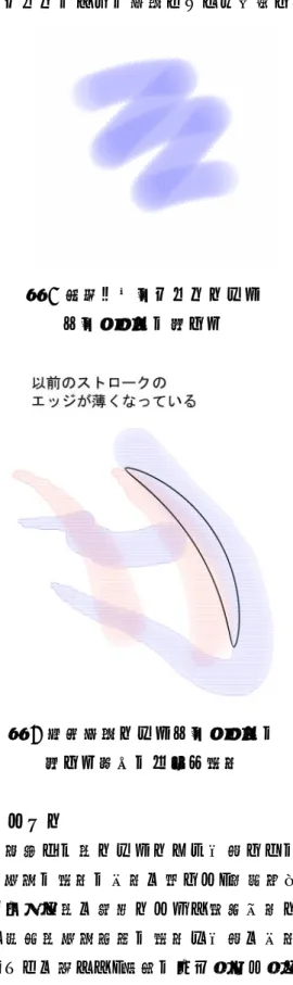 図 5 は一回のストロークが重なったとき の本研究の手法での結果画像で、図 6 は従来 のペインティングソフトウェア[12]による 結果画像である。この画像からわかるように、 従来のソフトウェアでは単純に塗り重ねた 印象だが、本研究の手法では自然な結果画像 が得られている。本研究の結果画像の方が実 際の水彩画らしい画像だといえるだろう。こ れは水を考慮に入れたことによって一回の ストロークの軌跡が重なっても、水パラメー タをにじみませ、広がった領域に対して着色 処理を行なっているために、水パラメータが 存在