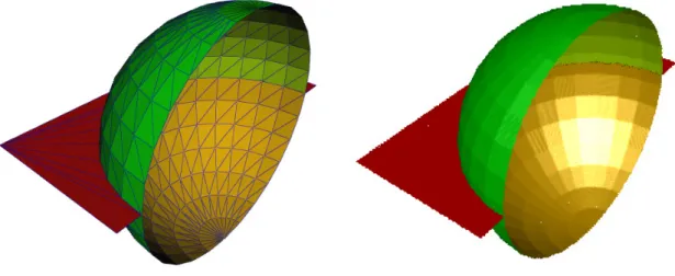 図 4: 描画結果. 上段：入力として与えた三角形メッシュモデル. 下段：陰関数表現に変換した後, 可視化した結果. 5 まとめと将来課題 本報では, 陰関数曲面を定義する距離関数と補間関数として不連続関数を用いることにより, 陰関数表現で非多 様体曲面を扱えるように拡張した