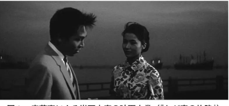 図 3 森英恵による岩下志麻の映画衣裳（ 『わが恋の旅路』 ）篠田監督 これは松竹衣裳のルーティンでは作れないファッションなんじゃないかな。九条今日子や富永ユキの衣裳は色んなところのプレタポルテを集めてきたのだと思う。森英恵さんのところまで行けなかったもの。――そうですか。『乾いた湖』の岩下志麻さんのドレスは森英恵さんがご著書で作ったと書いてらっしゃったので、岩下さんの衣裳は森さんが作られていると思うのですが。篠田監督ああそう。ブラウスなんか「ありもの」だろうと思うけどね。採寸し直して着ていたと思う。――篠