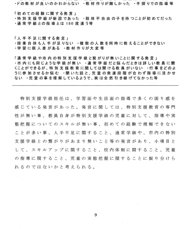 表 3  学 習 面 や 生 活 面 の 指 導 で 困 つた ことに 関 す る 発 言 「 特 別 支 援 学 級 に 関 す る専 門 性 が 無 い 発 言 」 ・ア セ ス メン トカ が 無 い   ・子 ど も実 態 把 握 が 出 来 な い   。一 人 T人 の ニ ー ズ が 掴 め な い   ・子 どもに よつて 実 態 が 違 う   ・どん な ことが で きる の か ア セ ス メン トか ら しな け れ ば な らな い   ・特 別 支 援 教 育 に 関 して全 く