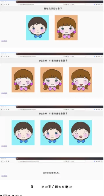 図 2 質問ツール操作画面 を用意した。 アナログ版では， 5 件法であったが，「少しうれしい」， 「少し悲しい」といった中間値を選択可能にすることで，こ の年代の幼児にとって，判断が複雑で難しいものになって しまうことを懸念し，プロトタイプでは，中間値を省いた 3 件法として実施することにした。 開発した質問ツールの操作画面を図 2 に示す。 あらかじめ質問数を決めておき，質問回数分，選択画面 を提示するように設定する。その都度どの絵を選択した か，被験児の反応が変数に記録され， URL に表示される。 