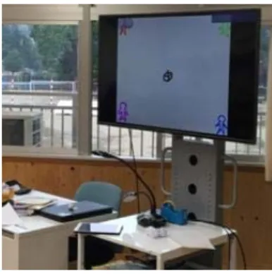 図 15-1 「どこから投げる？」 図 15-1 をモニターに映し， 「輪投げをします．あなただっ たらどこから投げますか？」と尋ねると，半数の子が右端 と左端からと答えた．投げる位置から的までの距離差が分 かりづらいのだと捉え，極端な配置に変えて再度尋ねた． 当然真ん中を選ぶだろうという予想だった．（図 15-2）  図 15-2  「これならどこから投げる？」 教師の予想に反し，一番人気は向かって左端紫の位置で あった．これは「実体験不足」と「イメージと現実の乖 離」 ，「ここから成功させたい」といった