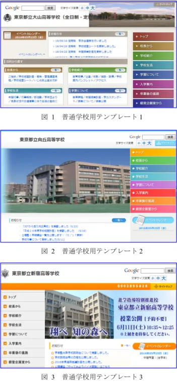 図 1 に普通学校用テンプレートを利用した例を示す。茶 系でまとめられており、落ち着いた雰囲気をかもしだして いる。しかし、利用校 28 校中画像の縦横比に明らかな異常 がある学校が 15 校 54％ある。  図 2 に普通学校用テンプレートを利用した例を示す。ブ ルー系でまとめられていて、楽しい雰囲気である。しかし、 図 1 と同様に利用校 50 校中画像の縦横比に明らかな異常が ある学校が 21 校 42 ％ある。 図 3 に普通学校用３のテンプレートを利用した例を示す。 オレンジ系でまとめられていて、