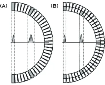 図 8 検出器出力の重心演算による位置情報算 出の基本原理． 2.7.3 角度揺動 よく知られているように，二光子消滅における γ 線の 相対角度は 180 ◦ からずれる．これは，消滅直前の電子・ 陽電子対の運動量が保存された情報であるが，PET では 解像度劣化の要因となる． 筆者が FDG-PET 被検者の身体から放出された消滅 γ 線 を Ge 半導体検出器で測定し，ドップラー拡がりスペクト ルから角度揺動を推定したところ，平均値は 0.56 ◦ であっ た 28) ．この影響は視野中心で最大となり