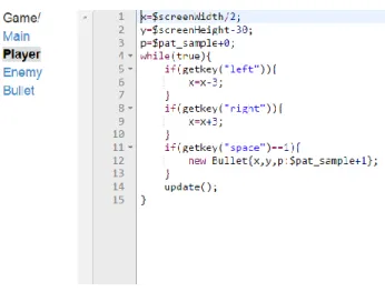 表  1    Tonyu System 2 で使用された for 文の用途と回数 ， JavaScript+enchant.js で同じ目的での for 文の使用の可否  用途 使用回数 JS+enchant キャラクタの 一括生成 キャラクタの 一括移動 キャラクタの 一括削除 すべての敵へ ダメージ 複数の敵との 衝突判定 複数フレーム 待機 3 使用可使用可使用可使用可使用可 使用不可121212