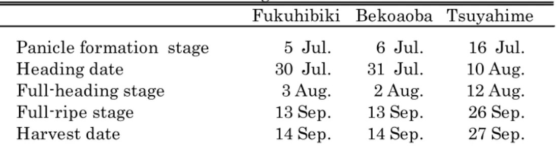 Table 3-1. Growth stages of each rice varieties.