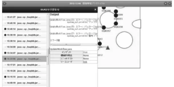 図 6 教授者学習者間の距離が 0 〜 1.2m の際のインターフェース 図 7 教授者学習者間の距離が 1.2 〜 3.6m の際のインターフェース 教授者学習者間の距離が 0 〜 1.2m の際のインターフェー スを図 6 に示す．このインターフェースでは，学習者が授 業中に実行したコマンドとその際の出力結果，コンパイル の結果とソースコードの情報を確認することができる．教 授者は学習者の現在の状況だけでなく，どのような経緯を たどって現在の状況に至ったのか確認できるため，より学 習者の学習状況に合わせ