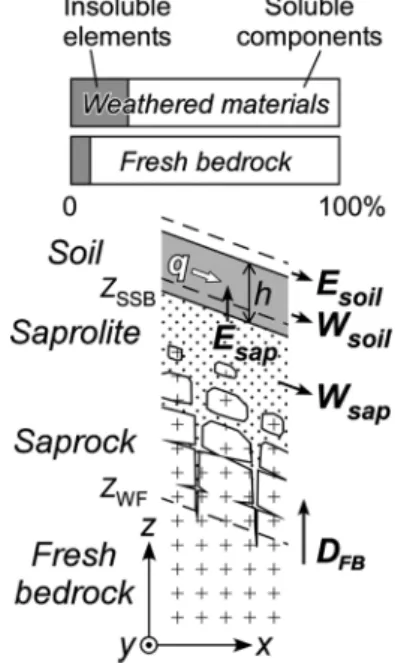 Fig. 5　 Schematic subsurface proﬁle of a soil-mantled  hillslope, with concepts of altering chemical  com-position by element leaching and physical  ero-sion through soil production and transport
