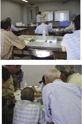図 3.5.3 電気泳動の結果を観察中   （３）  公開講座実施後の受講者の意見  公開講座のアンケート結果から，所要時間につい ては「ちょうどよい」（7 名），「短い」（1 名）であった。内 容については「有意義であった」，「楽しかった」との意 見が大半であった。内容については，やや難しかっ た（1 名），実習に関して難しかった（2 名）の意見もあ った。今後開催を希望する公開講座のテーマとして は，微生物や発酵に関するものが多く，その他にも社 会的に注目されているものを取り上げてほしいとの意 見があっ