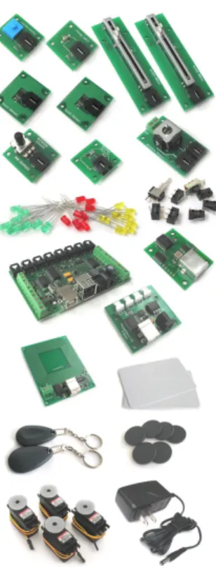 図 3: Phidgets Starter Kit には使い勝手のよい様々なセンサが揃っているが、 InterfaceKit を利用するとこれら以外の特殊なセン サも簡単に接続することができる。 図 4: Phidgets InterfaceKit Phidgets のプログラミング