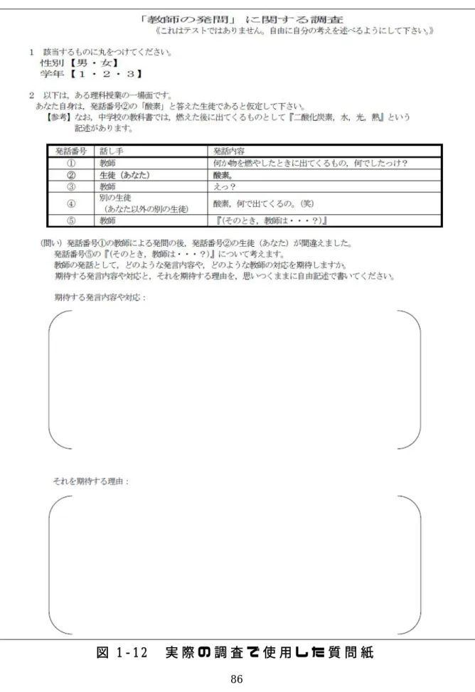 図 1 - 1 2   実 際 の 調 査 で 使 用 し た 質 問 紙  