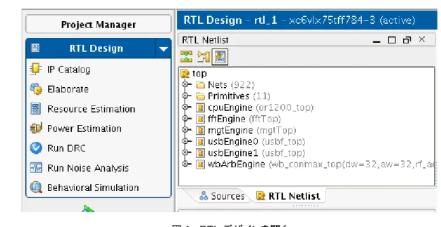 図 1 : RTL デザインを開く  2.  表示される警告メッセージは無視します。  RTL デザインを開くと UCF ファイルが解析されます。RTL Design 環境に表示されるのは合成前のデザインな ので、I/O バッファーなど、エラボレートされたデザインにはない制約が UCF ファイルでインスタンスに設定さ れています。このためメッセージを無視しても問題はありません。  3