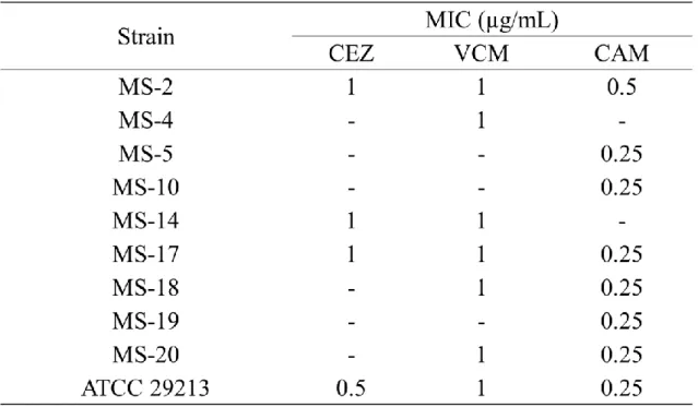 Table 4 MICs after exposure to each antimicrobial agent 