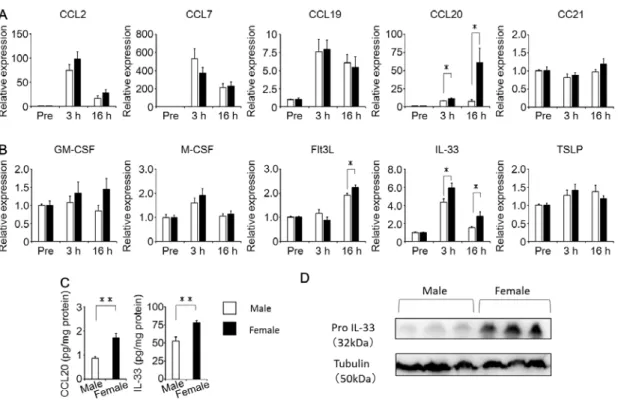 Figure 4. Sex-based differences in cytokine and chemokine expression in the lung. The  mouse  lungs  were  excised  pre,  and  3  and  16  h  post  OVA  challenge