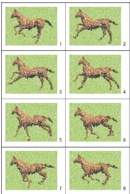 図 2.4  吉田による貼り絵風レンダリングのアニメーション  2.2  2 次元形状入力の貼り絵風レンダリング    井上と浦浜は写真を入力として，色付きの楕円板を重ねることで貼り絵風の画像を 描画した [8]．この手法では，注目画素から周辺画素にかけて単一色で近似するように 面積最大の楕円を求め，大きな楕円から描画し，細かな楕円は上書きしている．これ により細かな楕円に大きな楕円が重なり，隠れることを避けている．それぞれの楕円