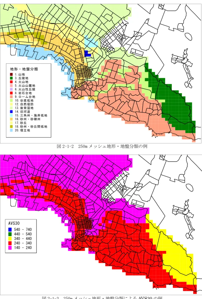 図 2-1-2  250m メッシュ地形・地盤分類の例 図 2-1-3  250m メッシュ地形・地盤分類による AVS30 の例 地形・地盤分類1.山地3.丘陵地4.火山地5.火山山麓地6.火山性丘陵8.岩石台地9.ローム台地10.谷底低地12.自然堤防13.後背湿地14.旧河道15.三角州・海岸低地16.砂州・砂礫州17.砂丘18.砂州・砂丘間低地20.埋立地AVS30540 - 740440 - 540340 - 440240 - 340140 - 240