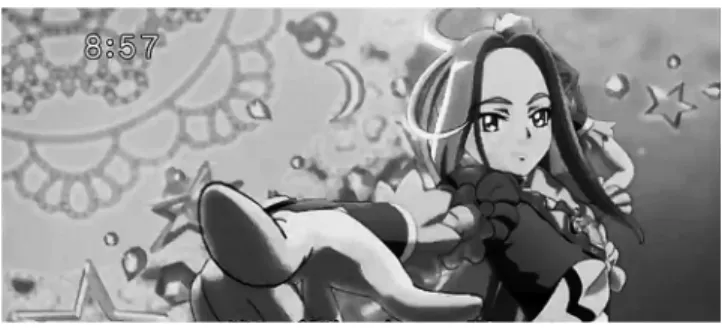 Fig. 20  2011 テレビ朝日系列アニメ「スイートプリキュア」エンディングより プリキュアシリーズは 2009 年よりエンディングを CG を使った ダンスで表現している．このシーンでは誇張されたパース表現 が使われているが，これはリアルタイムレンダリングではないの で，モデルやパラメータをカスタマイズして実現している． 東映アニメーション株式会社のご厚意による  ©ABC・東映ア ニメーションAll rights reserved.