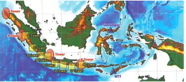 図 4.2.7   インドネシアにおける津波サイレンネットワーク  出典: JICA 調査団  図 4.2.8   アチェの津波サイレン  BPBA により、避難計画を含めた津波災害防止のための SOP が作成されている。また、ア チェ州では、全ての区域でコンティンジェンシープランが作成されている。  アチェ州には我が国のノン・プロジェクト無償によって建設された 4 つの避難施設がある （図 4.2.9）。ただし津波に対する防波堤および護岸堤は建設されていない。  アチェ州によると、一般に地方の各組織では 