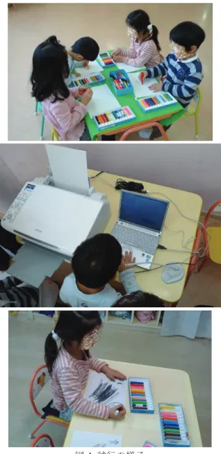 図 4  試行の様子 4.2  試行の様子PC の操作は，マウスではなくノート PC のホイールパッドで行った．幼児には難しいのではないかと危惧したが，最初に操作方法を簡単に説明するだけで，問題無く操作をすることができた．投稿された絵と音声の一部を図5，図6に示す．手順（3）で年中少グループの幼児2人が絵と音声を投稿したが，マイクに向かって一人で何かを話すことが難しく，当初は何も録音することができなかった．そのため，あずかり保育担当教師や著者が，「お名前は」，「何を描いたの」などと幼児に尋ね，会話をするよう