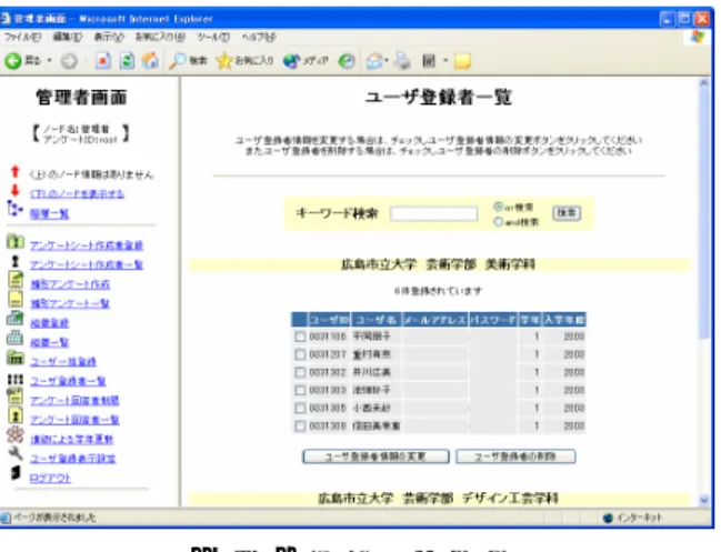 図 5  回答者一覧画面  5．本システムの適用事例  構築したアンケート実施支援システムは，大学 の授業アンケートに対応しているシステムである． 本システムは当大学のいくつかの講義で使用した． 以下にその 1 事例を紹介する．  現在，文系の一般情報処理教育として，当大 学の国際学部と芸術学部で開講されている「情報 科学概論」の講義がある．  ここではその受講者に昨年度当講座で試作し た，Web を用いた個別学習でアルゴリズムの学習 効率を向上させることを目的とする学習支援シス テムを利用した．学習方法と