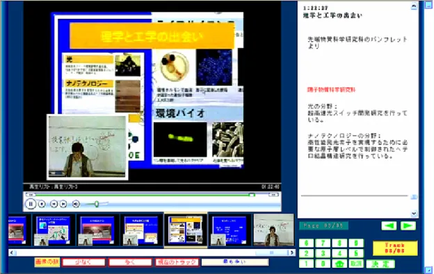 図 4 復習用 LIVE 教科書の画面  ８．復習用 LIVE 教科書作成結果一覧  作成フローを確立してコストを評価するため、表 1 に示すとおり、講義録画を元に 39 コマ 分の LIVE 教科書を作成した。  表  1  復習用 LIVE 教科書作成数  年度  講義名  講義形態  講義数  教科書  作成数  1 2002  広島大学から世界が見える  部局長による講義  14 14  2 2003  学問との出会い  部局長による講義  14 1  3 2003  現代社会を生き抜くための化 学