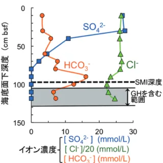 図 4：（a）直線型および（b）凹型の硫酸イオン-深度プロファ イル Figure 4：(a) Linear/concave (b) up-shaped sulfate ion concentration-depth profiles of sediment cores