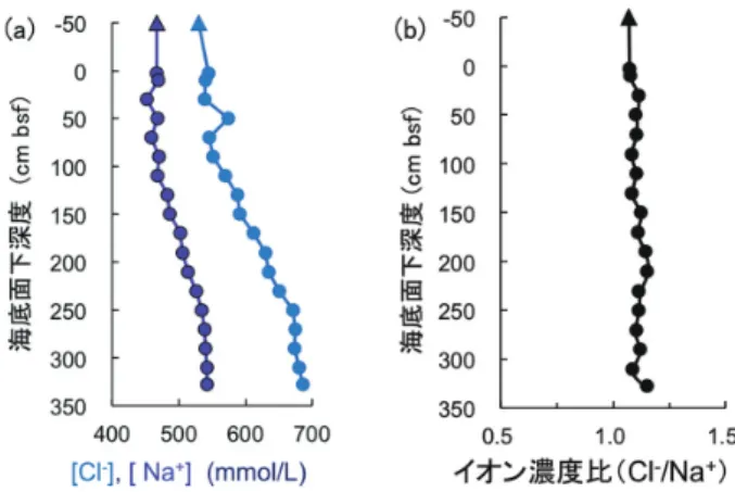 Figure 5：(a) Depth profiles of concentrations of chloride and sodium ions, and (b) their ratios for the sediment core